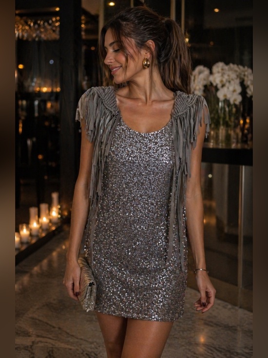 hey hey Dresses & Skirts - Sequin Fringe Detail Sleeveless Dress - Gray